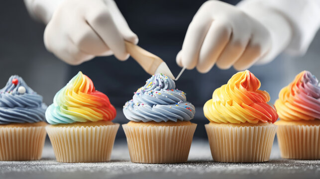 Colorful cupcake frosting swirl with gloved hands adding sprinkles in bakery setting, close up, cheerful