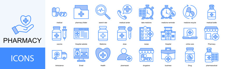 Pharmacy icon collection set. Containing medical, pharmacy folder, search rate, medical center, take medicine, medicine icon