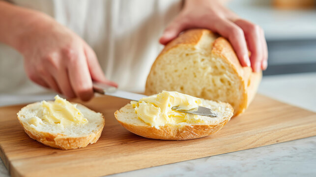 Hands butter knife bread roll spreading creamy butter on sliced bread roll with wooden board and kitchen background