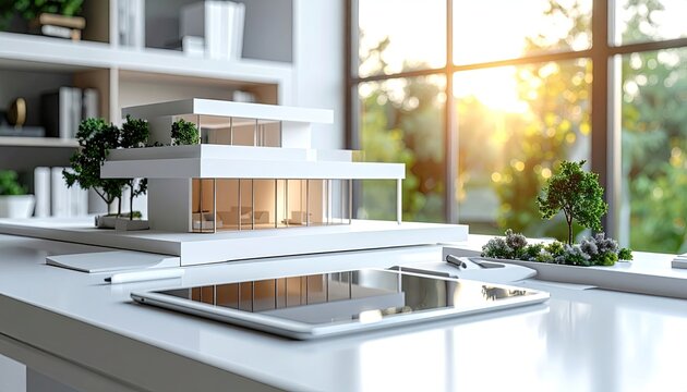 Modern White Architectural Model of a Two Story House with Large Windows and Greenery in Sunlight