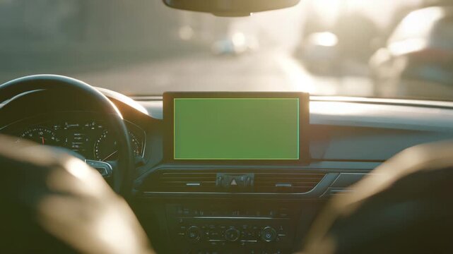 Driving experience with green screen display for navigation or entertainment, insert your own content into this modern car interior video