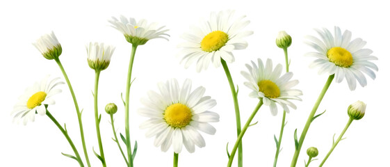 Realistic daisy flower set with multiple bloom variations isolated on transparent background, fresh spring floral element collection
