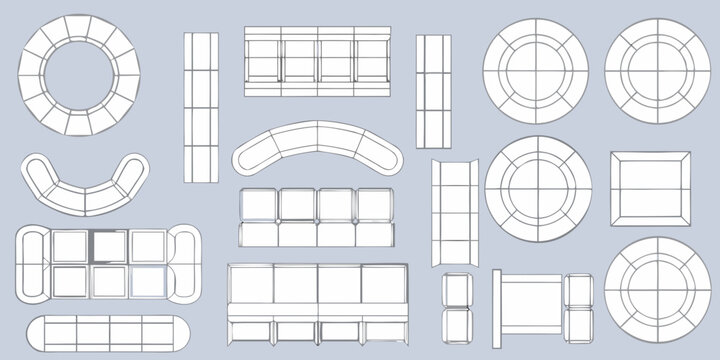 Collection of top down architectural drawings of various modular sofas and seating arrangements