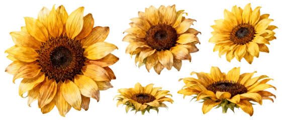 Realistic sunflower variant set with detailed petals and dark brown centers isolated on transparent background, summer floral element collection
