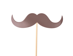 A playful brown mustache prop on a stick, perfect for photo booths and fun events.
