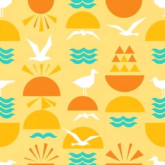 Retro Mid-Century Modern Seamless Pattern of Sun, Seagulls, and Waves