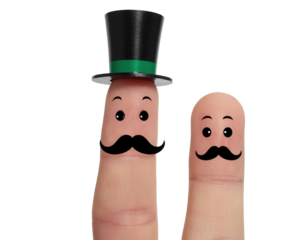 Two fingers adorned with playful facial features, including hats and mustaches, creating a whimsical and humorous character representation.