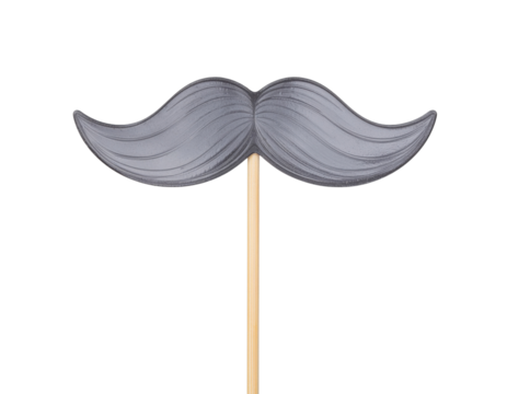 A stylized mustache prop on a wooden stick, designed for fun photo opportunities or events.