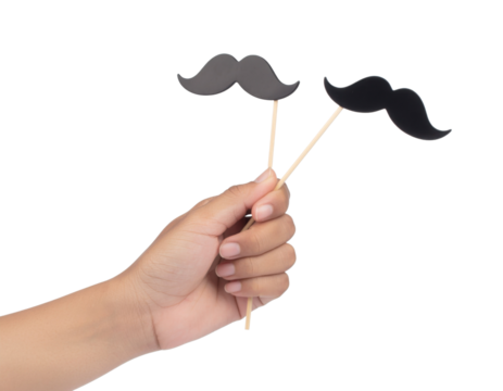 A hand holds two black mustache props on sticks against a dark background, ideal for playful photo booths or events.