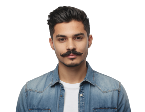 A young man with a styled mustache poses confidently in a denim shirt, showcasing a modern and fashionable look.