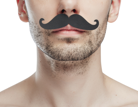 A close-up of a man's face featuring a large, playful black mustache, emphasizing humor and creativity against a plain black background.