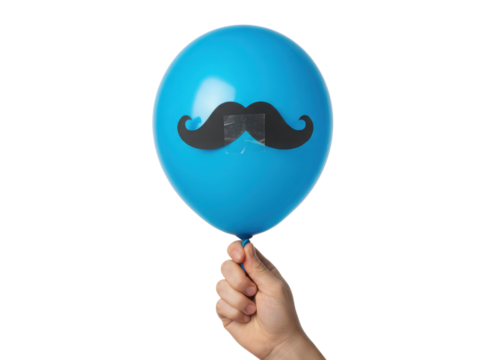 A hand holds a blue balloon featuring a playful black mustache design.
