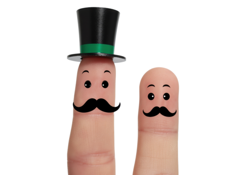 Two fingers adorned with playful facial features, including hats and mustaches, creating a whimsical and humorous character representation. - Powered by Adobe