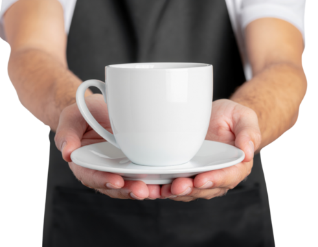 A person holds a white cup and saucer, showcasing a simple yet elegant design suitable for serving beverages.