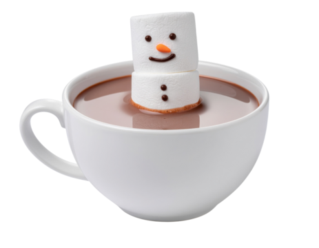 A cheerful snowman marshmallow floating in a cup of rich hot chocolate.