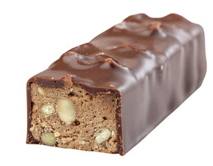 A chocolate-covered candy bar filled with a chewy mixture of nuts and grains.