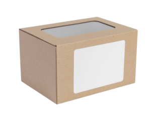 A simple, rectangular box with a clear window on top, made from brown cardboard and featuring a blank label on one side for customization.