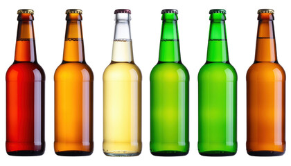 A row of six colorful beer bottles in various shades, showcasing different types of beverages.
