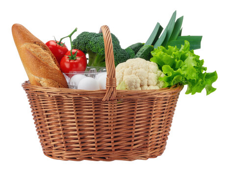A wicker basket filled with fresh vegetables, eggs, and a loaf of bread, showcasing a colorful assortment of healthy food items.