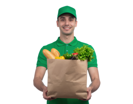 A smiling delivery man holds a brown paper bag filled with fresh groceries, including vegetables and bread.