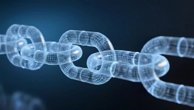 Blue glowing wireframe chain link on black, symbolizing secure data connection, digital security, and blockchain technology.