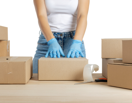A person in gloves arranging cardboard boxes on a table, preparing for packaging or shipping.