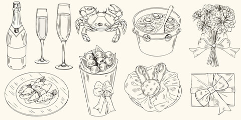 Hand drawn sketch of celebratory items including champagne crab flowers gifts and food for a special occasion