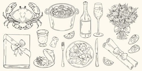 A delightful collection of hand drawn illustrations featuring a crab seafood platter champagne flowers and gifts © Titul