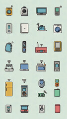 A vibrant collection of flat design illustrations depicting various contemporary electronic devices, embodying the concept of smart living, digital convenience, and modern connectivity