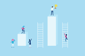 Diverse group of people climbing ladders and stairs to reach a trophy on a tall pedestal representing success and achievement
