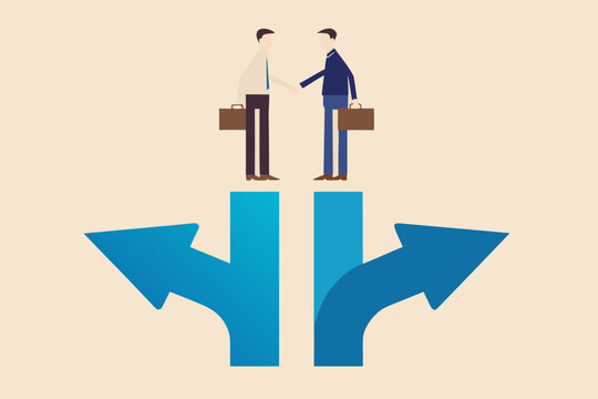 Two businessmen shaking hands above diverging arrows representing different business paths and decisions