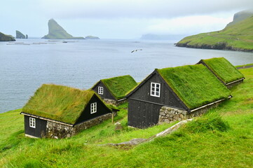 Remote Bour Village Overlooking Drangarnir and Tindholmur, Vagar Island, Faroe Islands