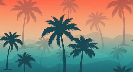 Tropical Sunset Silhouette: Palm Trees Against Gradient Sky, Serene Landscape.