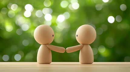 Wooden figurine handshake friendship tender connection in nature with bokeh light, warm sympathetic mood and simple minimal composition