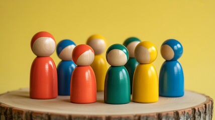 Diverse group of colorful wooden peg dolls representing community and teamwork
