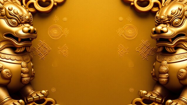 Ornate golden foo dog statues frame a textured yellow background with subtle patterns