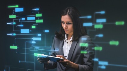 Woman interacting with futuristic digital data flow and network visualization on tablet