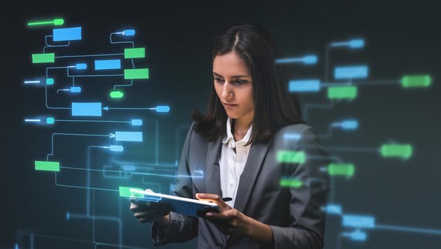 Woman interacting with futuristic digital data flow and network visualization on tablet