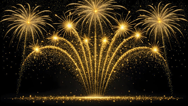 Brilliant golden fireworks exploding against a deep black background, creating a festive display of sparkling glitter and light trails for celebration