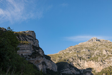 Scenic views of the limestone cliffs overlooking Positano on the Amalfi Coast, Italy