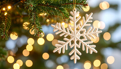 A festive white snowflake ornament hangs on a decorated Christmas fir tree branch, creating a magical holiday atmosphere with soft golden bokeh lights