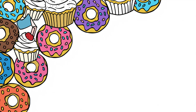 A colorful assortment of delicious donuts and frosted cupcakes arranged on a white background, perfect for bakery advertisements or sweet treat designs