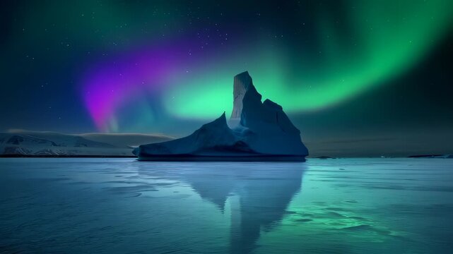 Night scene shows aurora borealis over a glacial iceberg and its reflection