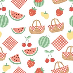 Whimsical Summer Picnic Pattern: Watermelon, Strawberries, Cherries, and Baskets on White
