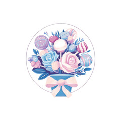 Obraz premium Sweet bouquet of pastel roses and assorted colorful lollipops in a blue pot with ribbon