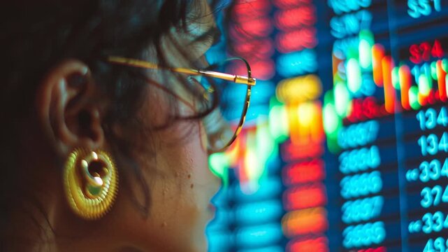 Young Indian woman student focused on trading charts, reflections of colorful stock tickers in glasses, elegant professional vibe, stock market for students India