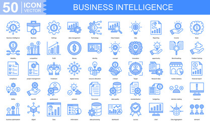 Business Intelligence icon collection set. Containing data management, Technology, Data Analysis, Idea, Reporting, Income icon