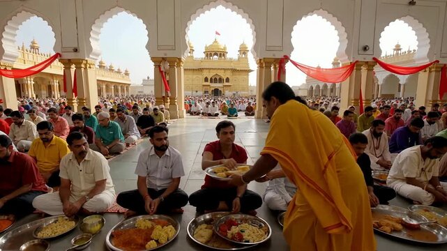 Sikh Devotees Participating in Langar Preparation and Meal Service at Golden Temple During Guru Nanak Jayanti Festival