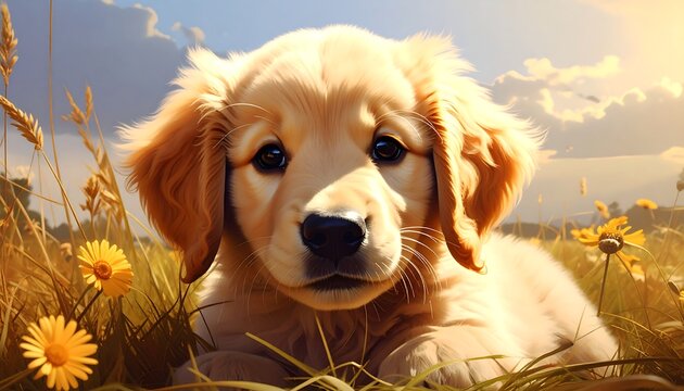 Adorable golden puppy resting in a field of yellow flowers under a bright, sunny sky with soft, diffused light - Powered by Adobe