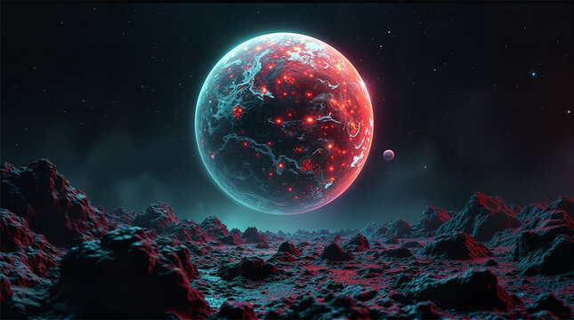 Majestic red planet glowing over alien rocky terrain, cosmic sci-fi space scene with futuristic atmosphere.